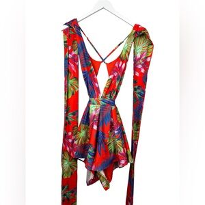 Dygarni California Red Hawaiian Deep V One Piece Romper Shorts Size Small
